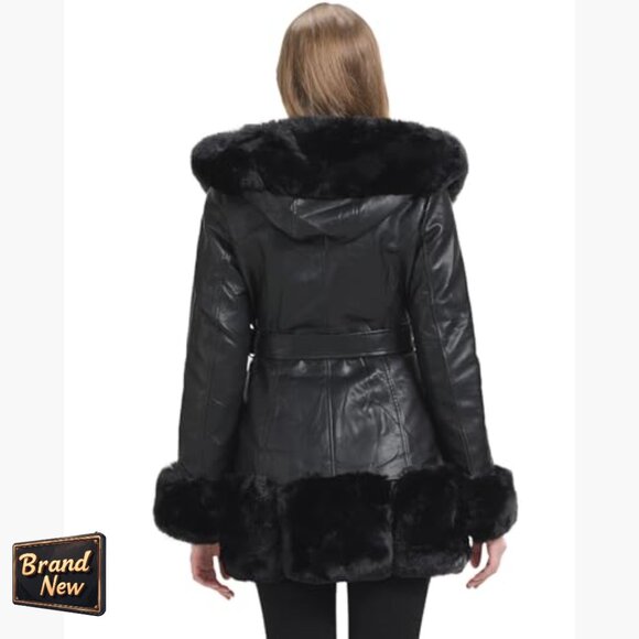 Faux Leather Coat with Faux Fur Collar, Belted Mid Length Winter Jacket - Picture 3 of 6